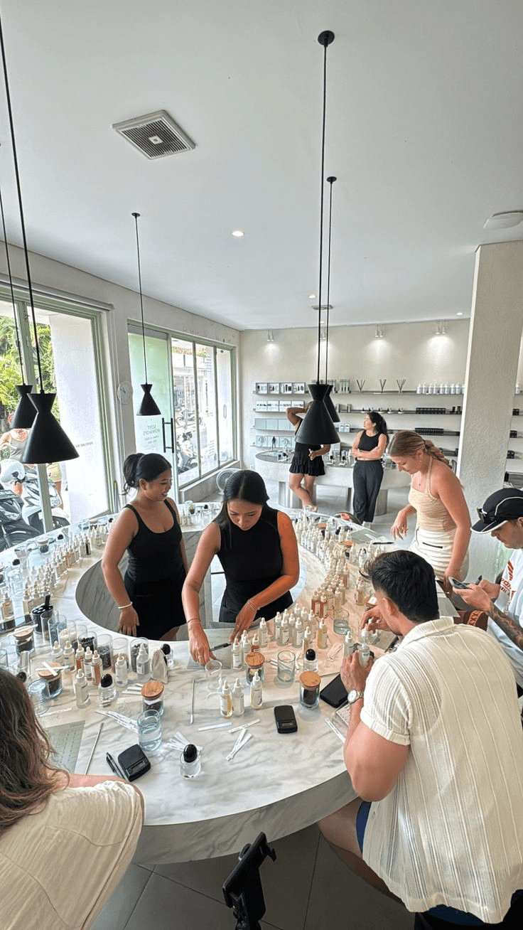 People at a perfume workshop blending and discussing fragrances